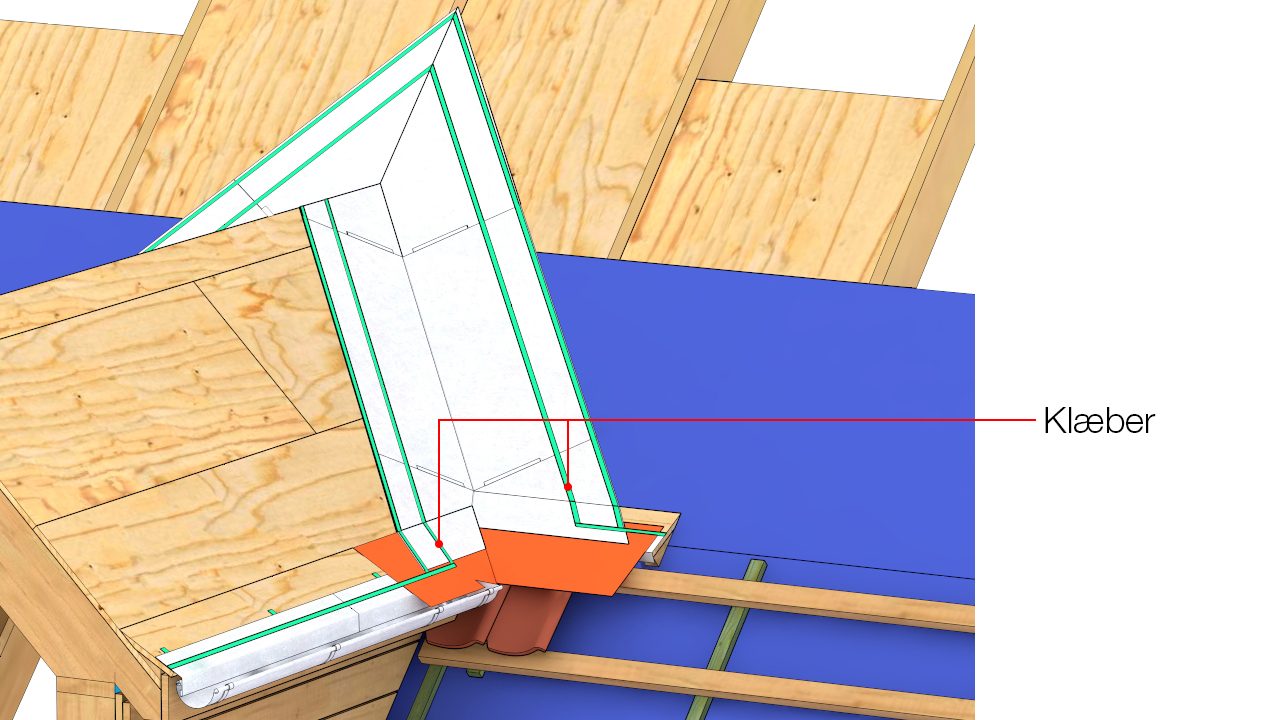 Klæber, fx butylbånd, monteres på inddækning