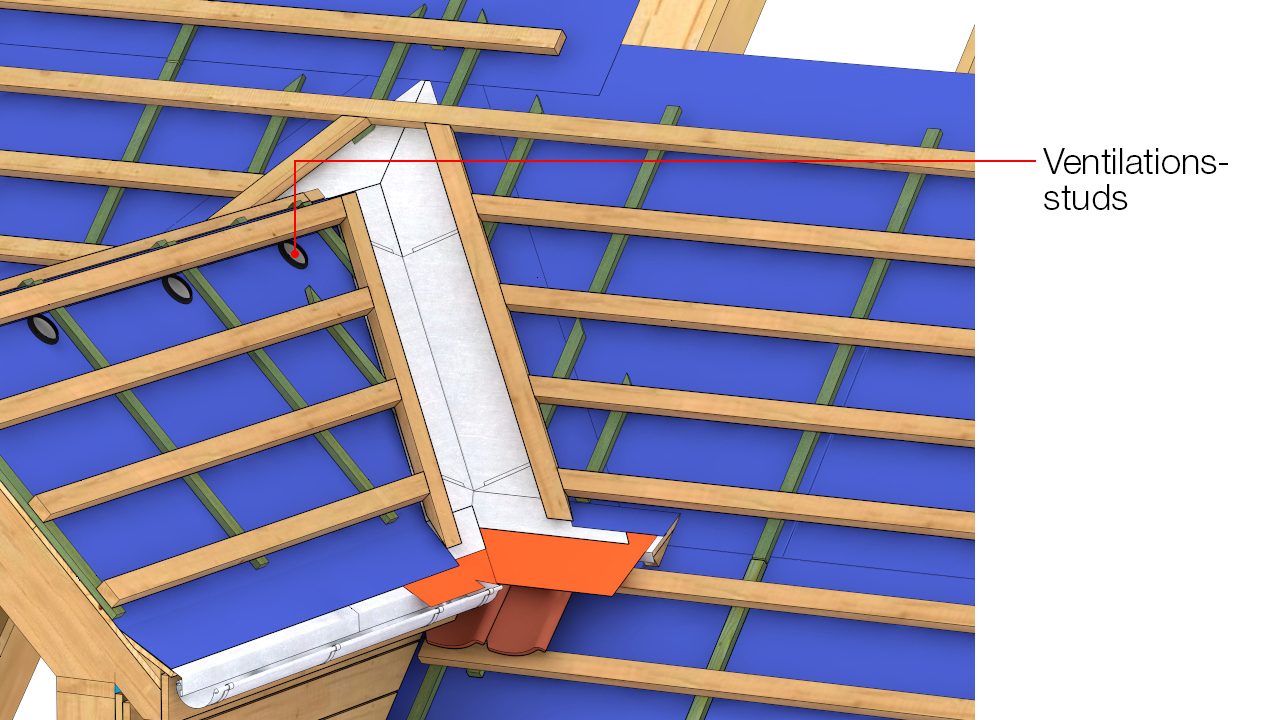 Ventilationsstudse monteres i hvert spærfag langs skotrende. Ved kip monteres de forskudt i de to tagflader